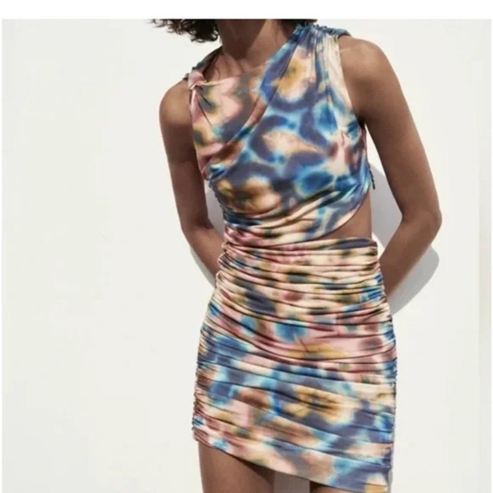 Zara Multicolor Tie-Dye Ruched Dress Small